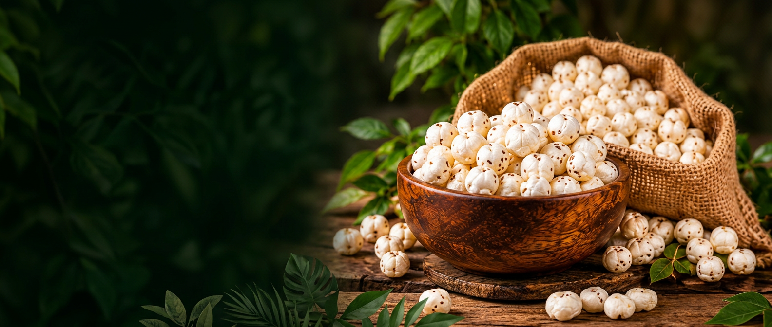 Premium white makhana in a wooden bowl and burlap sack with green leaves